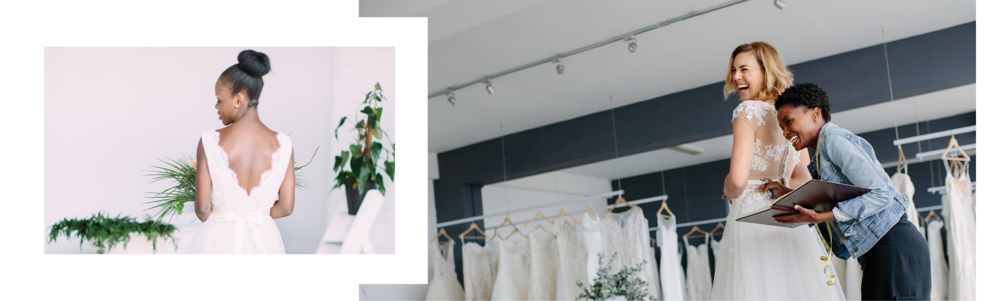 bride wearing beautiful white dress and another bride getting an alteration 